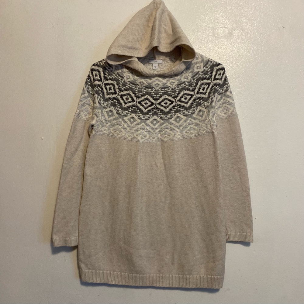 J. Jill Cream and Black Hoodie Sweater with Geometric Pattern Preppy Clueless